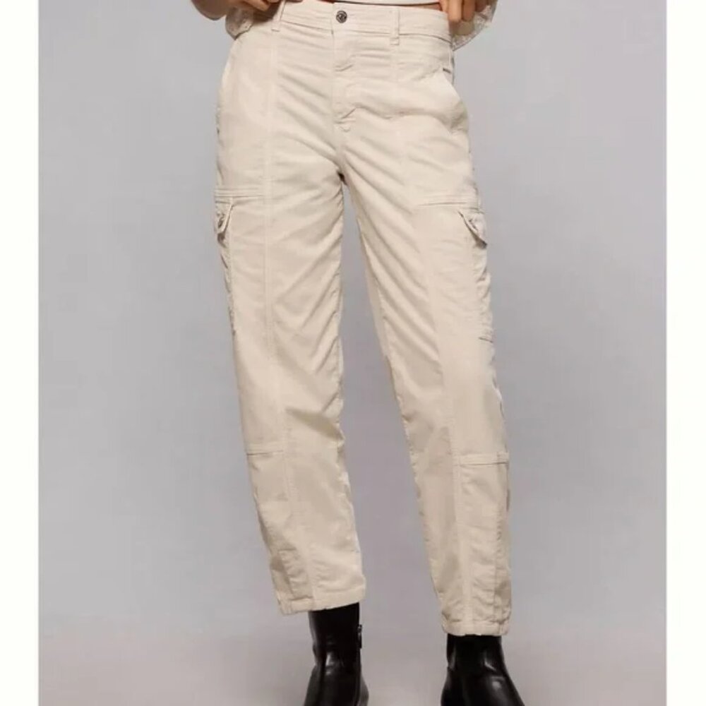 Anthropologie Carson Utility Cargo Barrel Pants Size 14 Ivory Corduroy Velvet